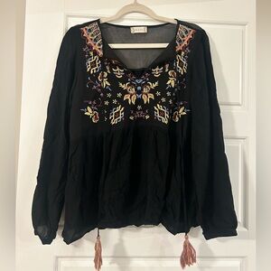 Altar'd State Black Vibrant Embroidered Multicolor Floral Babydoll Tassel Size L